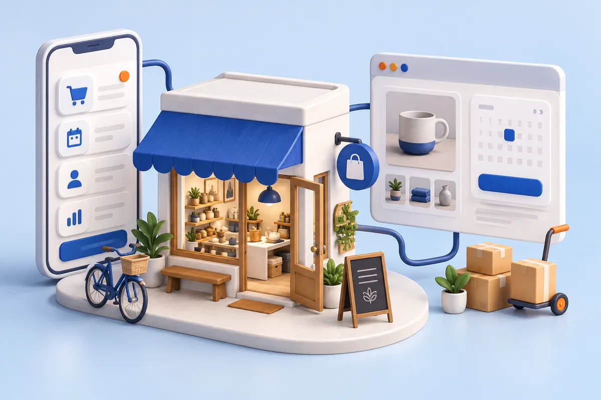 Una pequeña tienda conectada a productos web y móviles